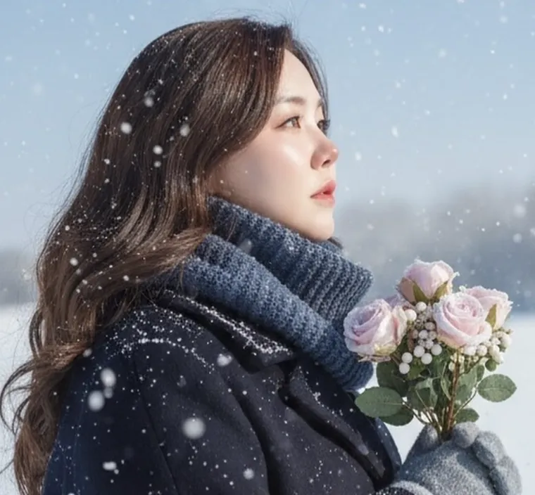 Woman holding pink roses in the snow — skincare inspiration from The Beauty Story